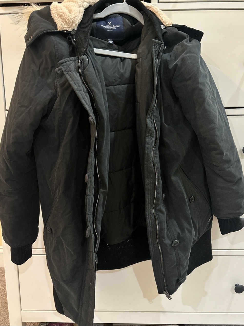 American Eagle Outfitters Dark Gray Quilted Puffer Parka with Sherpa Hood